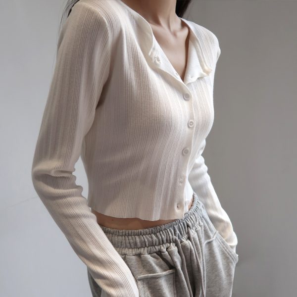 American Vintage Ribbed Knit Cardigan - Small Round Neck, Single-Breasted, Long Sleeve, Loose-Fitting, High-Waisted, Tie-Button Style