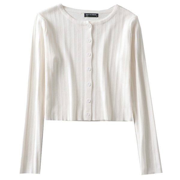 American Vintage Ribbed Knit Cardigan - Small Round Neck, Single-Breasted, Long Sleeve, Loose-Fitting, High-Waisted, Tie-Button Style