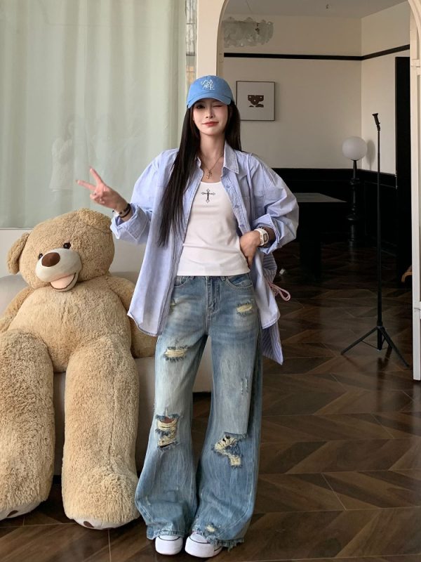 American Vintage Ripped Straight Leg Jeans for Women - Summer Mid-Waist Slim Wide-Leg Style - 90s Inspired Fashion