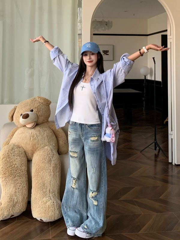 American Vintage Ripped Straight Leg Jeans for Women - Summer Mid-Waist Slim Wide-Leg Style - 90s Inspired Fashion