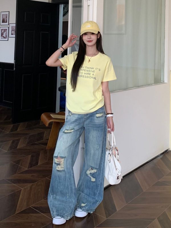 American Vintage Ripped Straight Leg Jeans for Women - Summer Mid-Waist Slim Wide-Leg Style - 90s Inspired Fashion