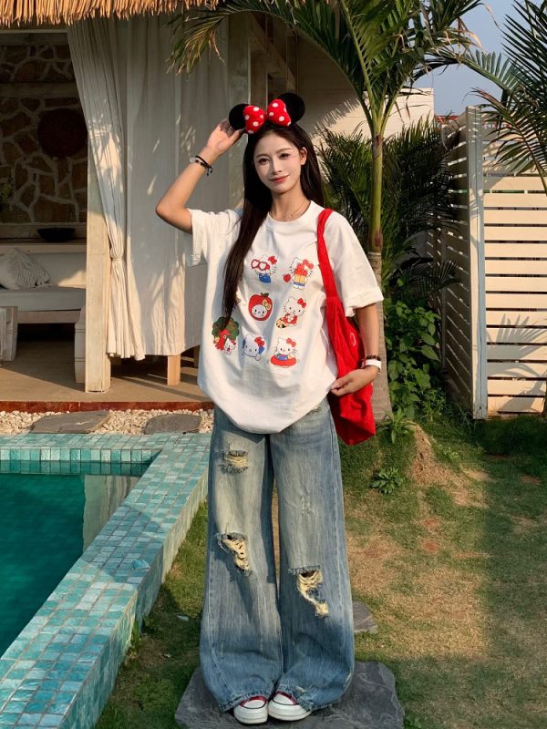 American Vintage Ripped Straight Leg Jeans for Women - Summer Mid-Waist Slim Wide-Leg Style - 90s Inspired Fashion