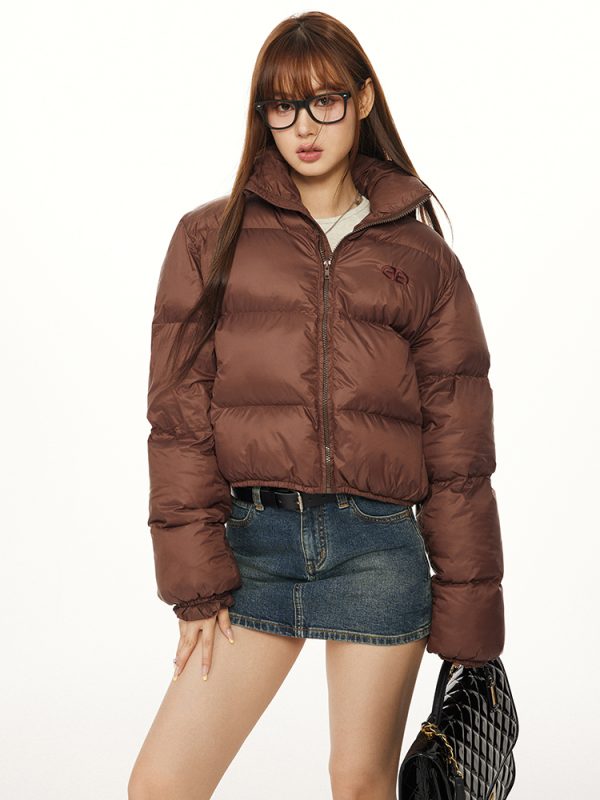 American Vintage Round Letter Stand Collar White Duck Down Winter Jacket - Trendy Small Size Outerwear for Y2K Style