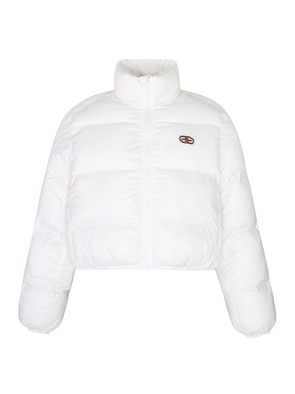 American Vintage Round Letter Stand Collar White Duck Down Winter Jacket - Trendy Small Size Outerwear for Y2K Style