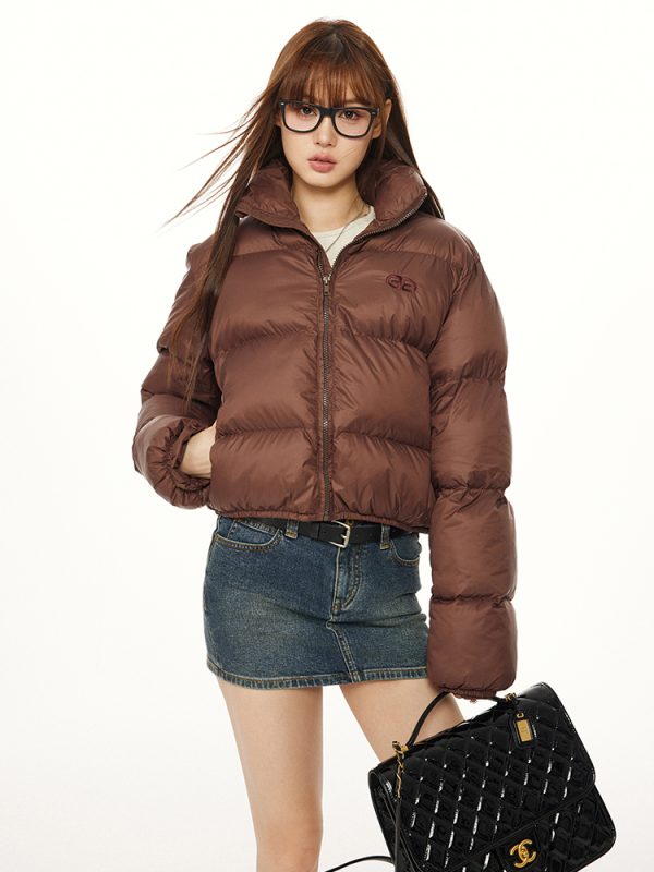 American Vintage Round Letter Stand Collar White Duck Down Winter Jacket - Trendy Small Size Outerwear for Y2K Style