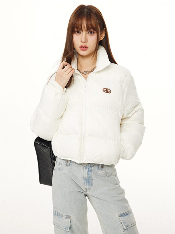 American Vintage Round Letter Stand Collar White Duck Down Winter Jacket - Trendy Small Size Outerwear for Y2K Style