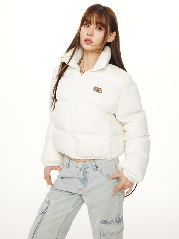 American Vintage Round Letter Stand Collar White Duck Down Winter Jacket - Trendy Small Size Outerwear for Y2K Style
