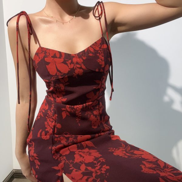 American Vintage Sexy Low-Cut Tie Floral Print Waist-Defined Side-Slit Spaghetti Strap Maxi Dress for Women - Y2K Style