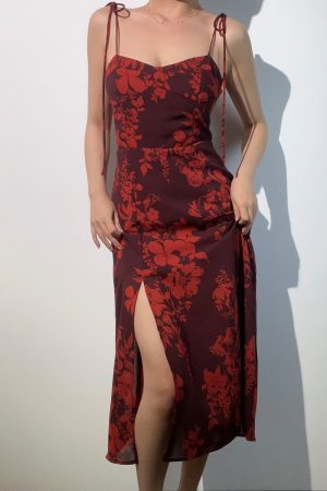 American Vintage Sexy Low-Cut Tie Floral Print Waist-Defined Side-Slit Spaghetti Strap Maxi Dress for Women - Y2K Style