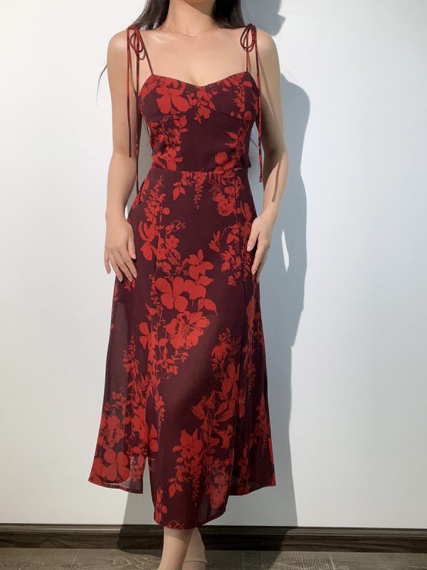 American Vintage Sexy Low-Cut Tie Floral Print Waist-Defined Side-Slit Spaghetti Strap Maxi Dress for Women - Y2K Style