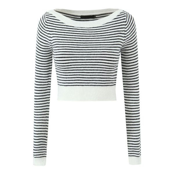 American Vintage Striped High-Waisted Cropped Long Sleeve Knit Sweater Top in Black and White - Y2K Retro Style Fashion
