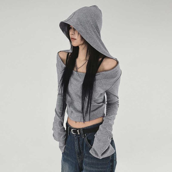 Ash Gray Off-Shoulder Hoodie T-Shirt for Women, Short Style Slim Fit, Versatile Cool Long Sleeve Top, Y2K Casual Fashion