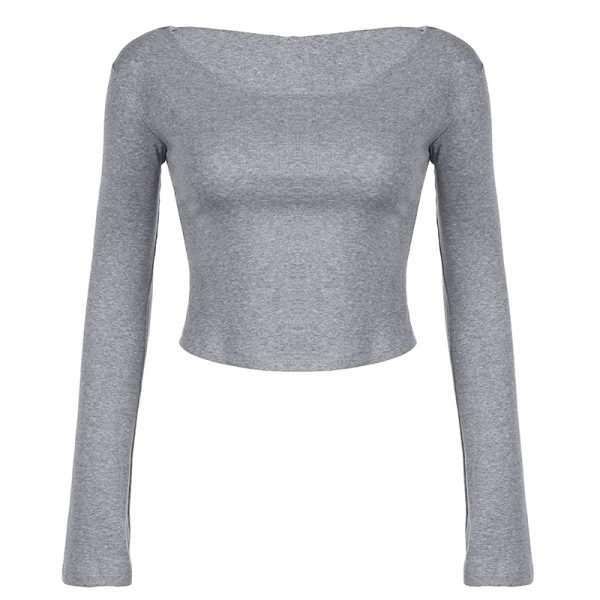 Ash Gray Off-Shoulder Hoodie T-Shirt for Women, Short Style Slim Fit, Versatile Cool Long Sleeve Top, Y2K Casual Fashion