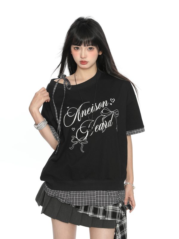 Asymmetrical Bow Tie Two-Piece Short Sleeve T-Shirt for Women - Summer Slimming Top in Korean Style