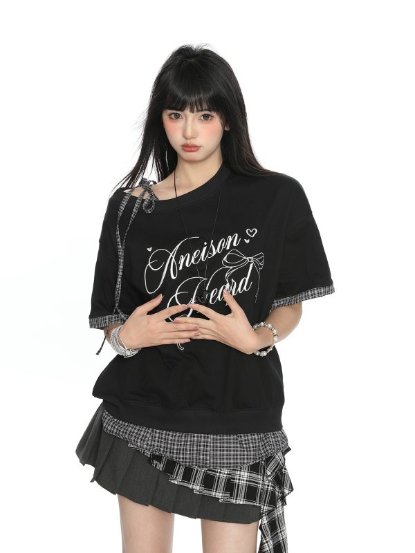 Asymmetrical Bow Tie Two-Piece Short Sleeve T-Shirt for Women - Summer Slimming Top in Korean Style