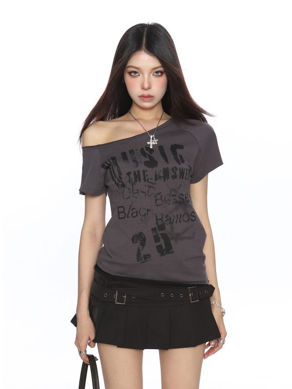 Asymmetrical Off-Shoulder Crop Top T-Shirt for Women - Y2K Punk Graffiti Short Sleeve Slim Fit Summer Style
