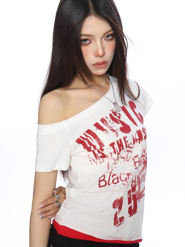Asymmetrical Off-Shoulder Crop Top T-Shirt for Women - Y2K Punk Graffiti Short Sleeve Slim Fit Summer Style
