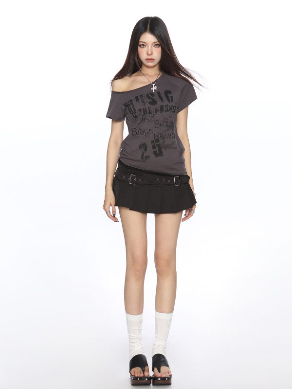 Asymmetrical Off-Shoulder Crop Top T-Shirt for Women - Y2K Punk Graffiti Short Sleeve Slim Fit Summer Style