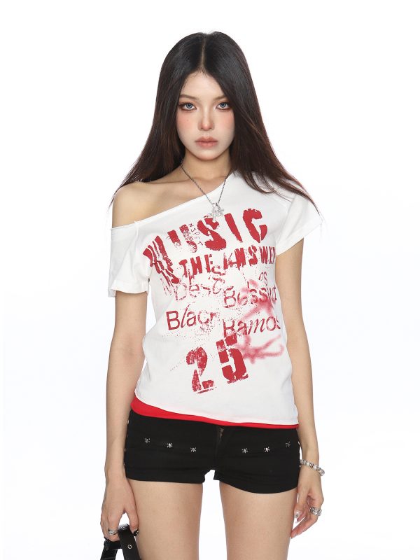 Asymmetrical Off-Shoulder Crop Top T-Shirt for Women - Y2K Punk Graffiti Short Sleeve Slim Fit Summer Style