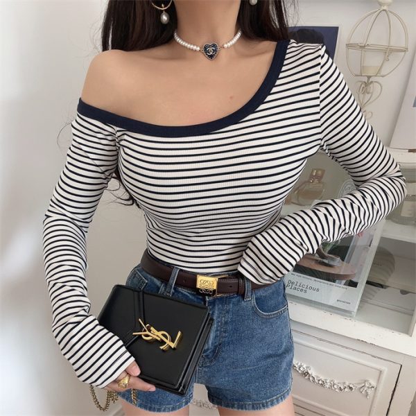 Asymmetrical Off-Shoulder Striped Slim-Fit Long Sleeve T-Shirt - Custom-Made Autumn/Winter 2024 Sexy Layering Top