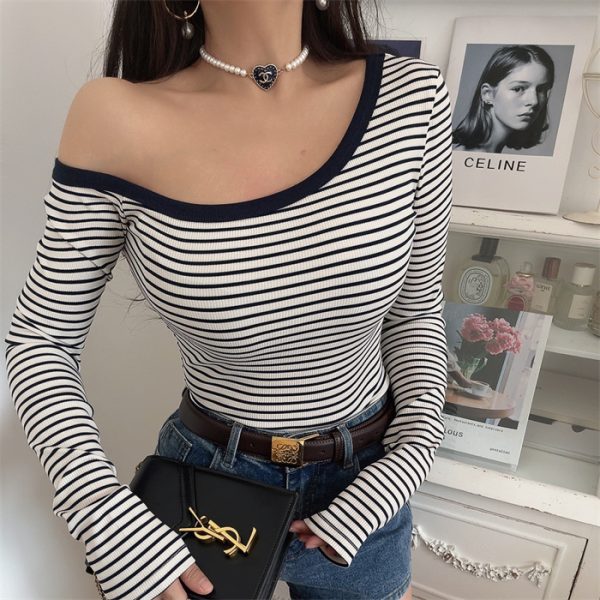 Asymmetrical Off-Shoulder Striped Slim-Fit Long Sleeve T-Shirt - Custom-Made Autumn/Winter 2024 Sexy Layering Top