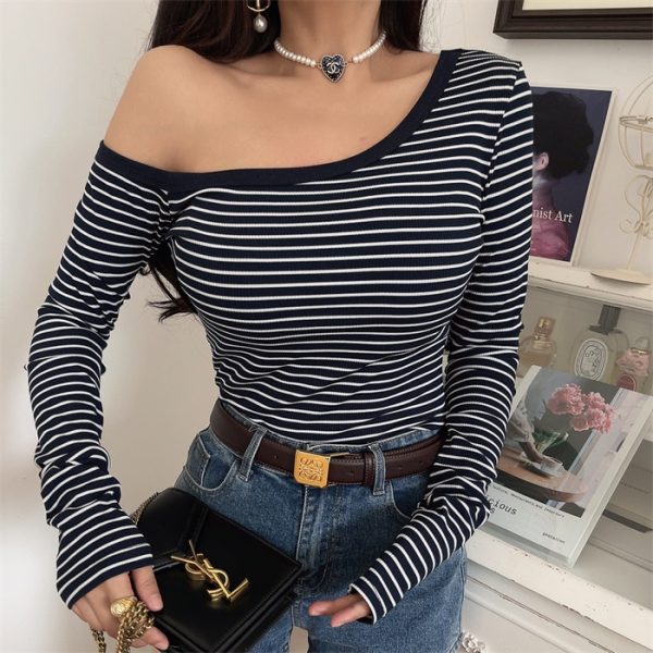 Asymmetrical Off-Shoulder Striped Slim-Fit Long Sleeve T-Shirt - Custom-Made Autumn/Winter 2024 Sexy Layering Top