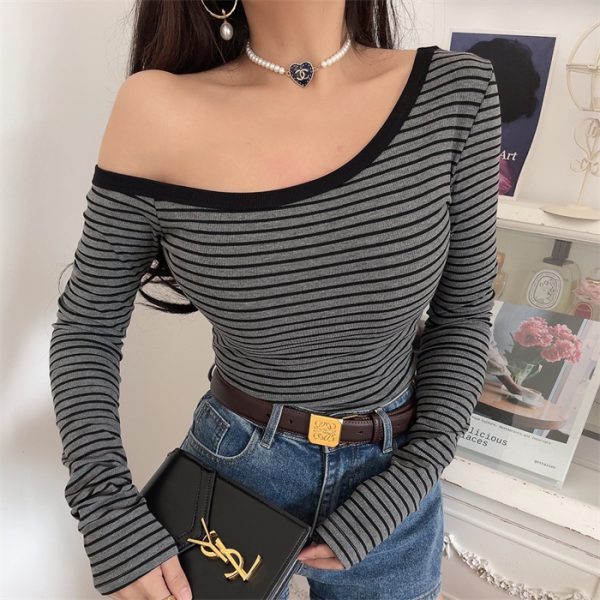 Asymmetrical Off-Shoulder Striped Slim-Fit Long Sleeve T-Shirt - Custom-Made Autumn/Winter 2024 Sexy Layering Top
