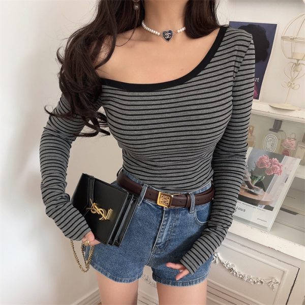 Asymmetrical Off-Shoulder Striped Slim-Fit Long Sleeve T-Shirt - Custom-Made Autumn/Winter 2024 Sexy Layering Top