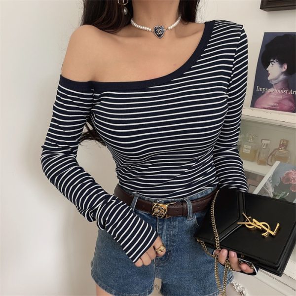 Asymmetrical Off-Shoulder Striped Slim-Fit Long Sleeve T-Shirt - Custom-Made Autumn/Winter 2024 Sexy Layering Top