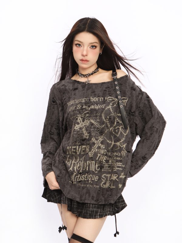 Asymmetrical Off-Shoulder T-Shirt for Women - Y2K Ripped Slim Fit Summer Top with Sun Protection, American Style Fashion