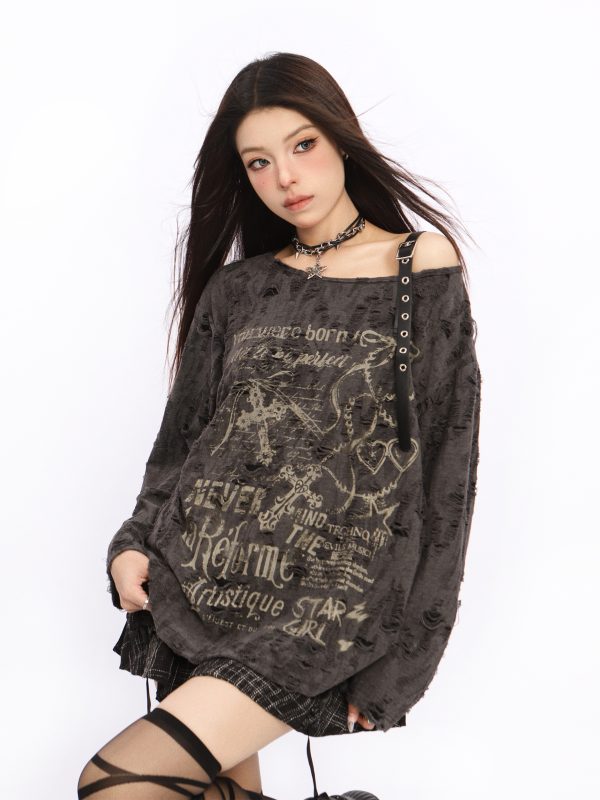 Asymmetrical Off-Shoulder T-Shirt for Women - Y2K Ripped Slim Fit Summer Top with Sun Protection, American Style Fashion