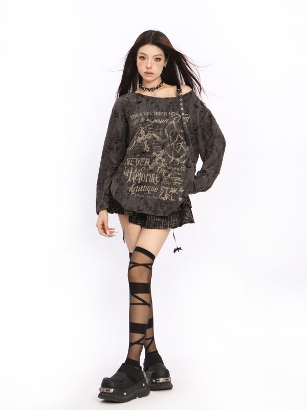 Asymmetrical Off-Shoulder T-Shirt for Women - Y2K Ripped Slim Fit Summer Top with Sun Protection, American Style Fashion