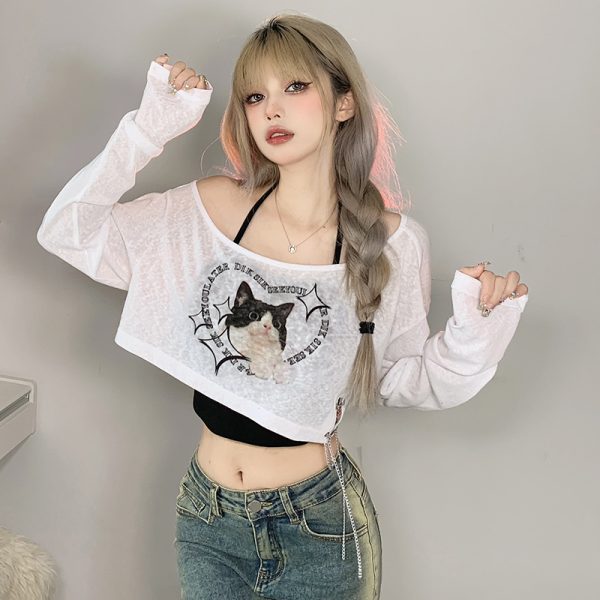 Asymmetrical Shoulder Cat Print T-Shirt and Black Halter Neck Tank Top Layered Two-Piece Set for Women - Trendy Y2K Style