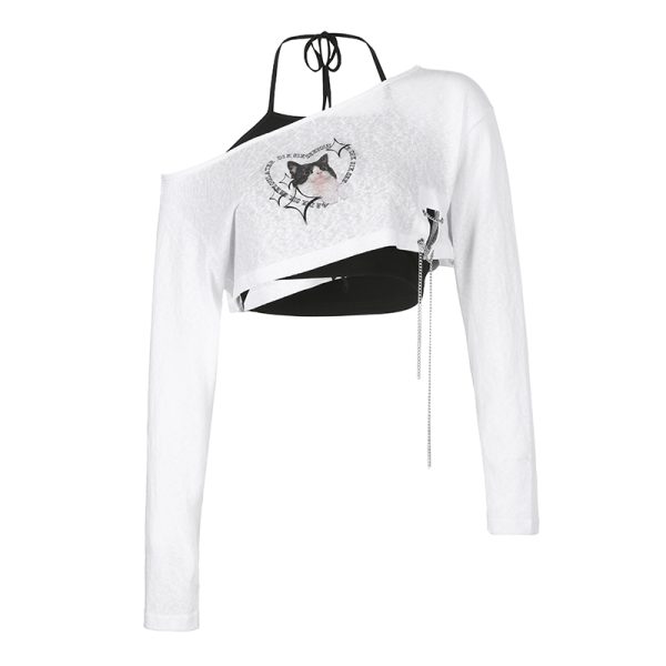 Asymmetrical Shoulder Cat Print T-Shirt and Black Halter Neck Tank Top Layered Two-Piece Set for Women - Trendy Y2K Style