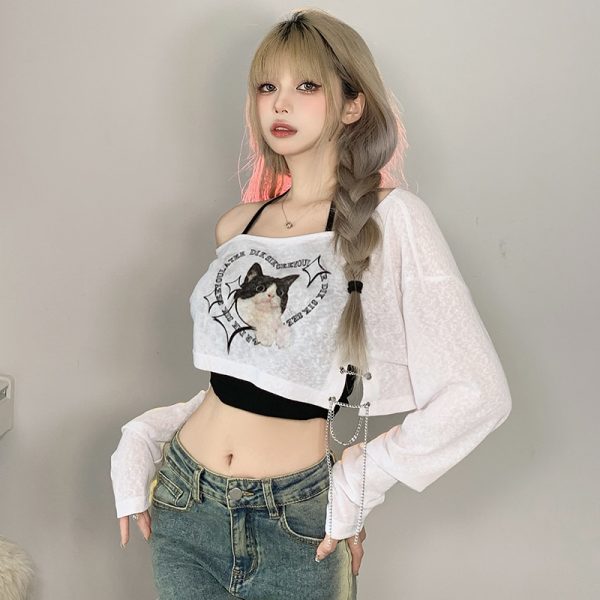 Asymmetrical Shoulder Cat Print T-Shirt and Black Halter Neck Tank Top Layered Two-Piece Set for Women - Trendy Y2K Style
