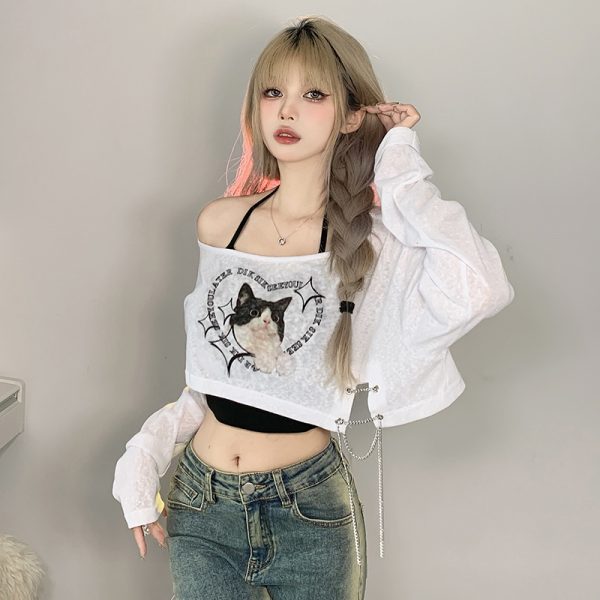 Asymmetrical Shoulder Cat Print T-Shirt and Black Halter Neck Tank Top Layered Two-Piece Set for Women - Trendy Y2K Style