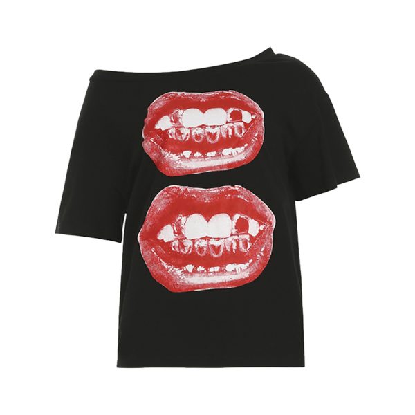 Asymmetrical Shoulder Short Sleeve T-Shirt for Women - Street Hip-Hop Mouth Print Casual Loose Dance Top