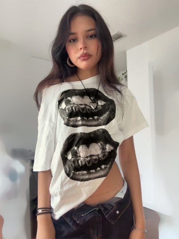 Asymmetrical Shoulder Short Sleeve T-Shirt for Women - Street Hip-Hop Mouth Print Casual Loose Dance Top