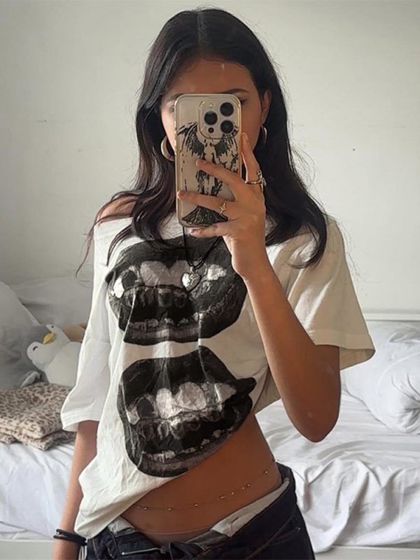 Asymmetrical Shoulder Short Sleeve T-Shirt for Women - Street Hip-Hop Mouth Print Casual Loose Dance Top