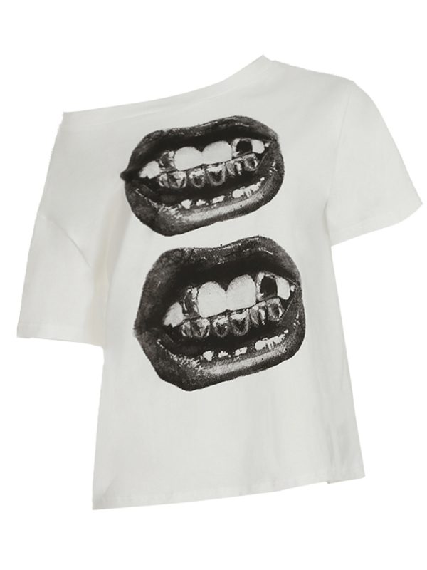 Asymmetrical Shoulder Short Sleeve T-Shirt for Women - Street Hip-Hop Mouth Print Casual Loose Dance Top