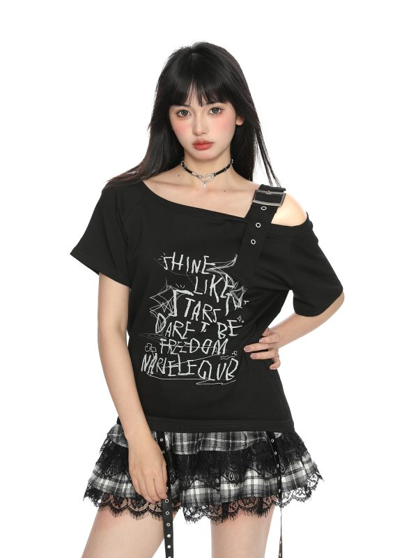 Asymmetrical Shoulder Strap Short Sleeve T-Shirt for Women - American Letter Graffiti Summer Slimming Top - Trendy Irregular Style