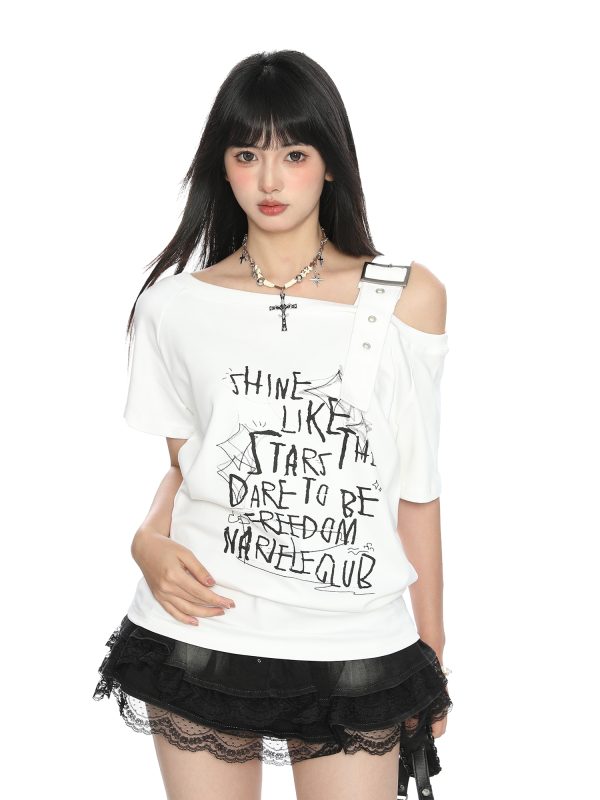 Asymmetrical Shoulder Strap Short Sleeve T-Shirt for Women - American Letter Graffiti Summer Slimming Top - Trendy Irregular Style