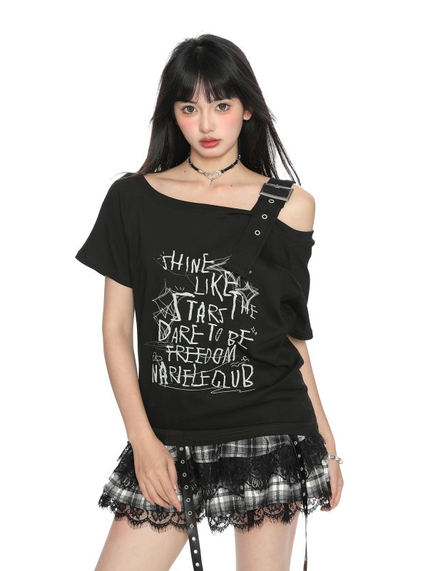 Asymmetrical Shoulder Strap Short Sleeve T-Shirt for Women - American Letter Graffiti Summer Slimming Top - Trendy Irregular Style