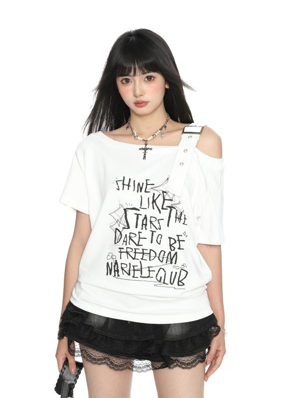 Asymmetrical Shoulder Strap Short Sleeve T-Shirt for Women - American Letter Graffiti Summer Slimming Top - Trendy Irregular Style