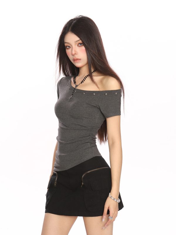 Asymmetrical Shoulder Studded Short Sleeve T-Shirt for Women - Slim Fit Irregular Off-Shoulder Top - Trendy Summer Style