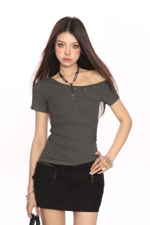 Asymmetrical Shoulder Studded Short Sleeve T-Shirt for Women - Slim Fit Irregular Off-Shoulder Top - Trendy Summer Style