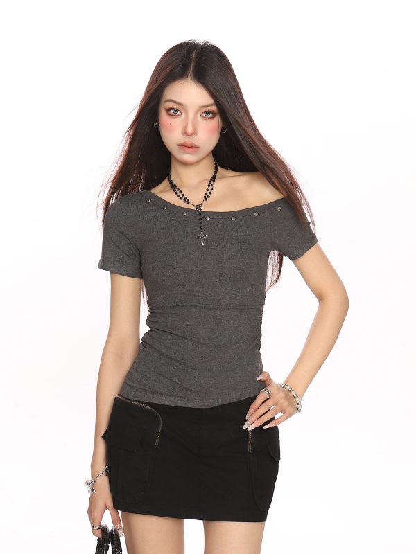 Asymmetrical Shoulder Studded Short Sleeve T-Shirt for Women - Slim Fit Irregular Off-Shoulder Top - Trendy Summer Style