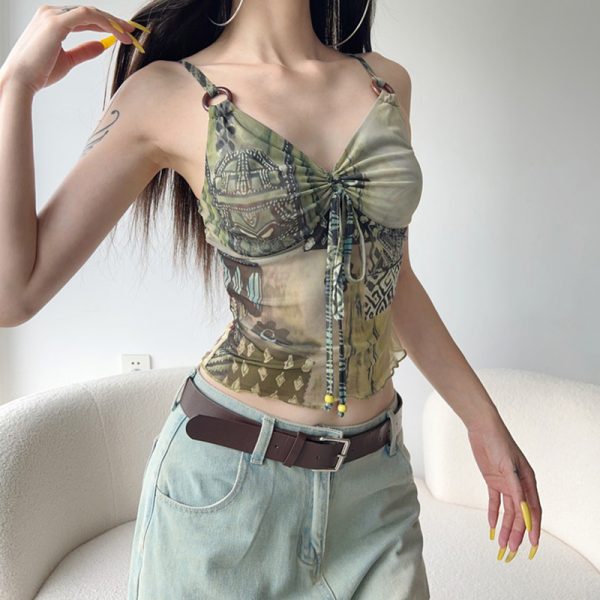 Asymmetrical Vintage Print Tie-Waist Ruched Mesh Camisole for Women - Slim Fit, Midriff-Baring, Versatile Y2K Style Top