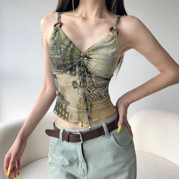 Asymmetrical Vintage Print Tie-Waist Ruched Mesh Camisole for Women - Slim Fit, Midriff-Baring, Versatile Y2K Style Top