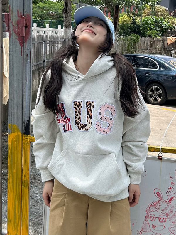 Autumn Winter Camouflage Couple Hoodie with Cashew Flower Leopard Print and Letter Patch Embroidery, Y2K Streetwear Fashion